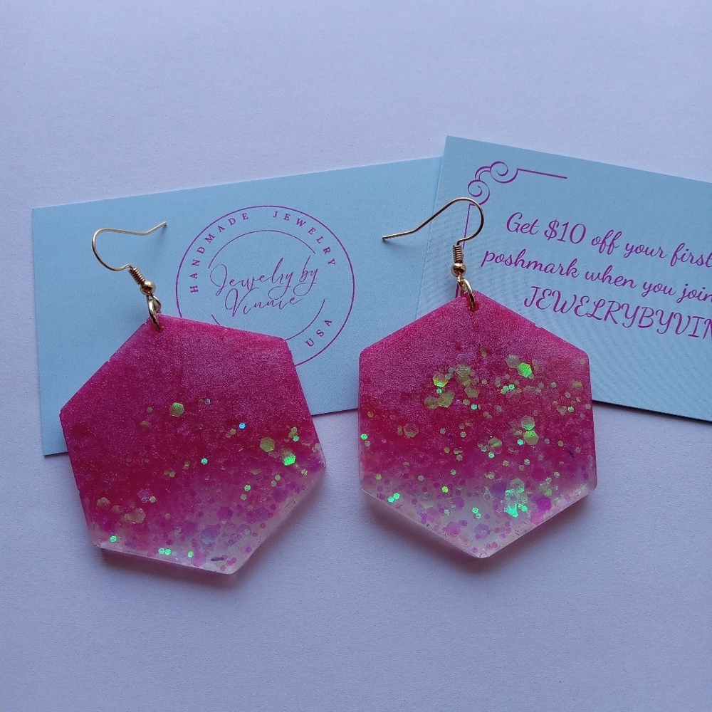 Hand Crafted Pink Hexagon Earrings